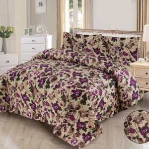 Floral printed cotton bed sheet set in beige with purple flowers, elegant bedroom decor
