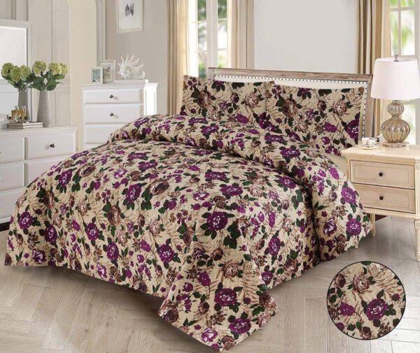 Floral printed cotton bed sheet set in beige with purple flowers, elegant bedroom decor